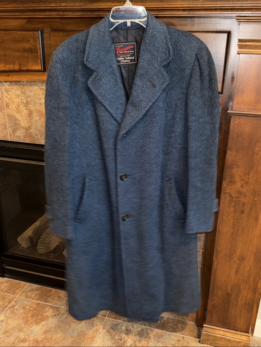 Vintage 1950s 60s Bengora Men’s Blue Wool Overcoat Long Coat 38 40 Mid Century